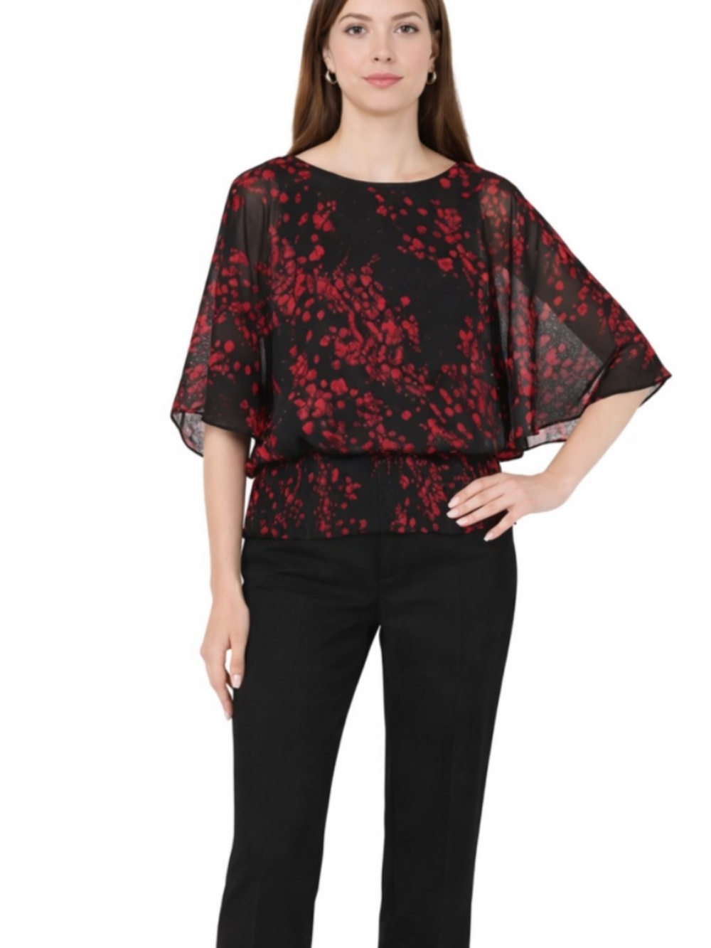 Sam & Jess Women's Smocked-Waist Top - Black/Red/ Size S .NWT/